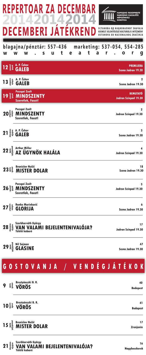 Repertoar Narodnog pozorišta za decembar