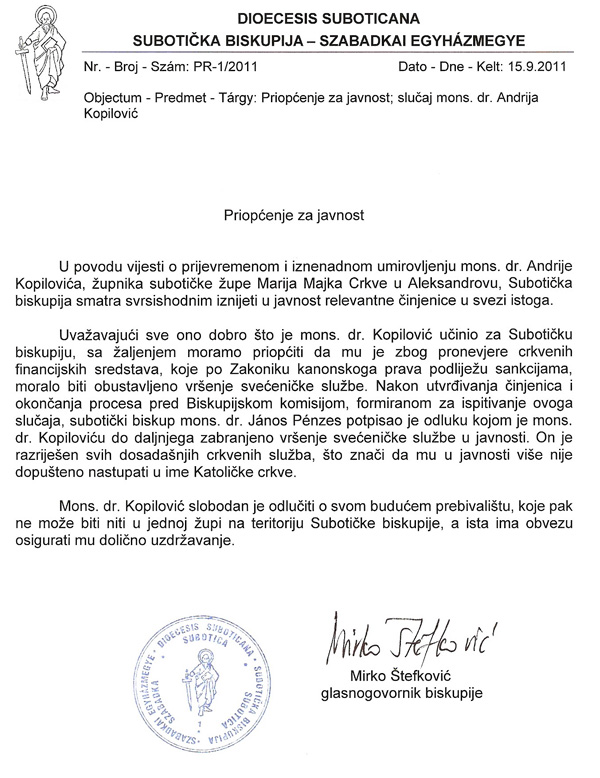 Saopštenje za javnost subotičke biskupije - Andrija Kopilović