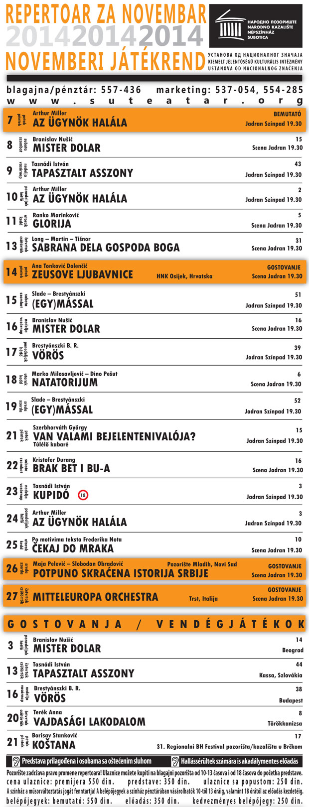 Repertoar Narodnog pozorišta za novembar