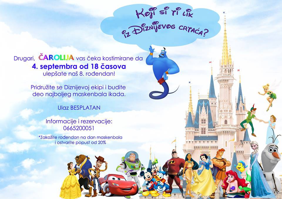 Diznijev maskenbal povodom 8. rođendana Dečije rođendaonice "Čarolija"