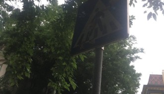 Izbledeli pešački prelaz i zaklonjeni saobraćajni znakovi na uglu ulica Vladimira Nazora i Branislava Nušića