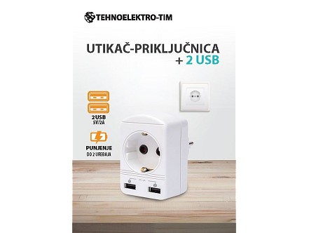 Utikac-uticnica + 2 USB punjac 5V/2A  250V/16A