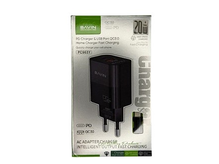 Bavin punjač 20W PD  Usb A/Type C + kabl C-C  PC963Y-CC crna