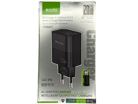 Bavin punjač 20W PD  Usb A/Type C + kabl C-IOS  PC963Y-PD crna