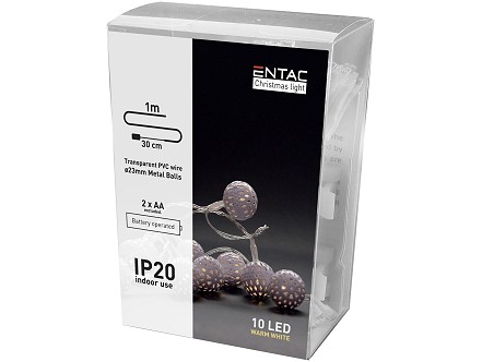 LED 10 Bozicni venac Metalna lopta IP20 WW 1m 2xAA