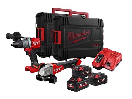 Milwaukee aku bušilica M18FPD2 + aku brusilica M18FSAG125X 2x5.0Ah + 1x5.5Ah + punjač + 2 kofera, Set alata