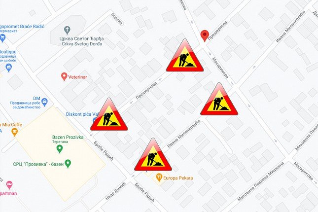 Delovi Prešernove i Ivana Milankovića u ponedeljak privremeno zatvoreni za saobraćaj