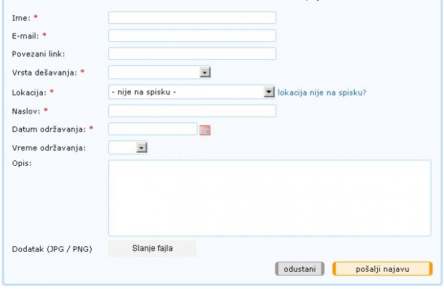 Dodavanje fajlova uz najavu dešavanja