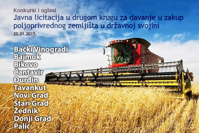 Oglas za javnu licitaciju za davanje u zakup poljoprivrednog zemljišta u državnoj svojini