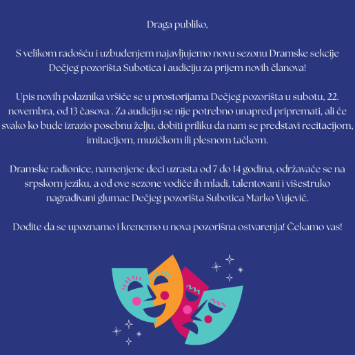 Audicija za prijem novih polaznika Dramske sekcije Dečjeg pozorišta