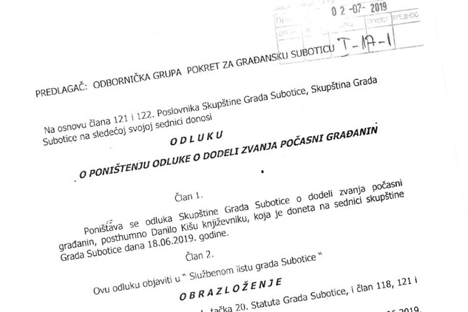 Pred odbornicima predlog da se ukine Odluka o dodeli počasnog zvanja za Kiša