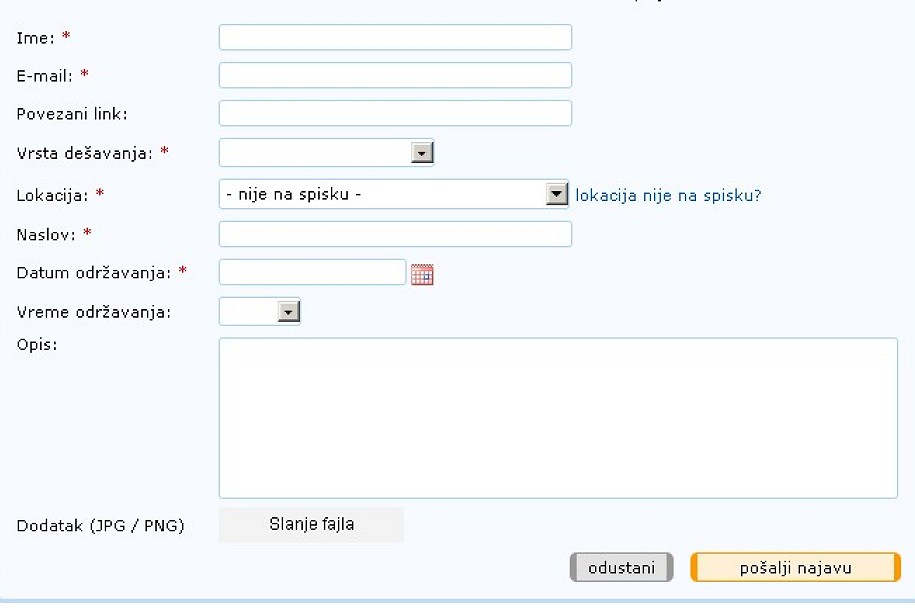 Dodavanje fajlova uz najavu dešavanja