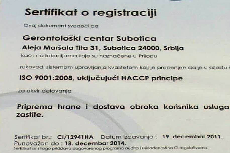 HACCP i ISO 9001 u Gerontološkom centru