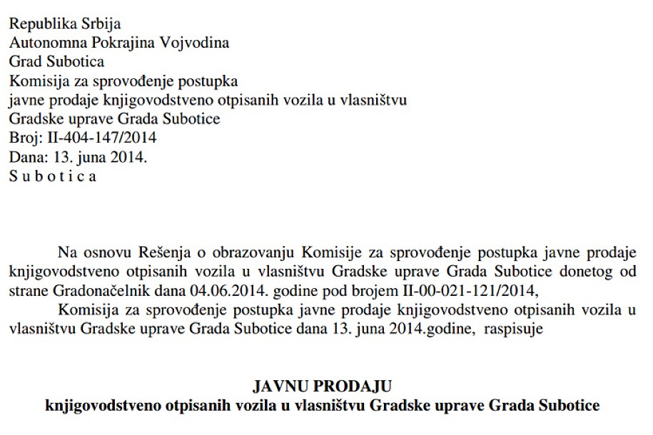 Licitacija otpisanih opštinskih vozila