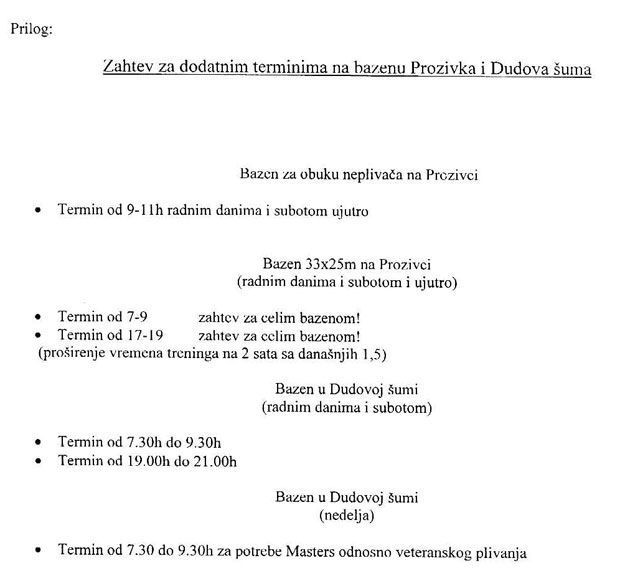 Novi termini za plivače na bazenu "Prozivka" i bazenu u Dudovoj šumi