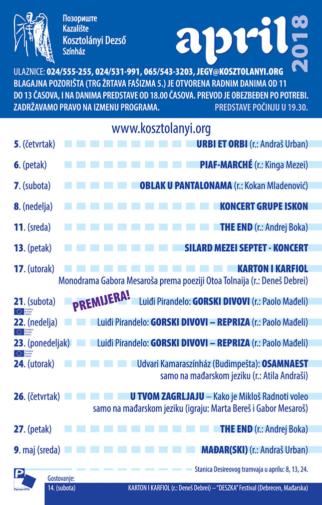 Repertoar pozorišta "Kostolanji Deže" za april